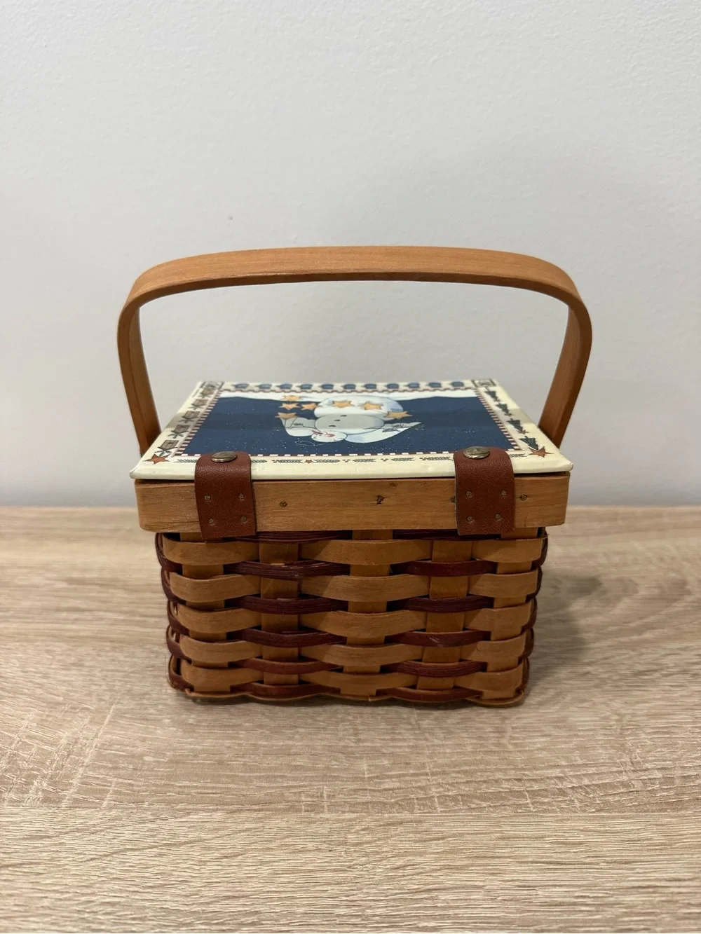 Vintage Woven Christmas Picnic Basket Snowman Angel Lid Leather Hinged Handle